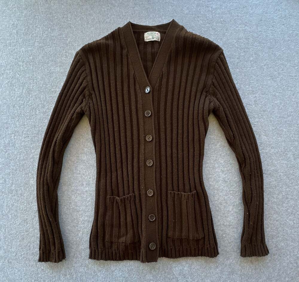 Vintage Sears JR Bazaar Brown Ribbed Cardigan Sweater Made in Korea Size Medium